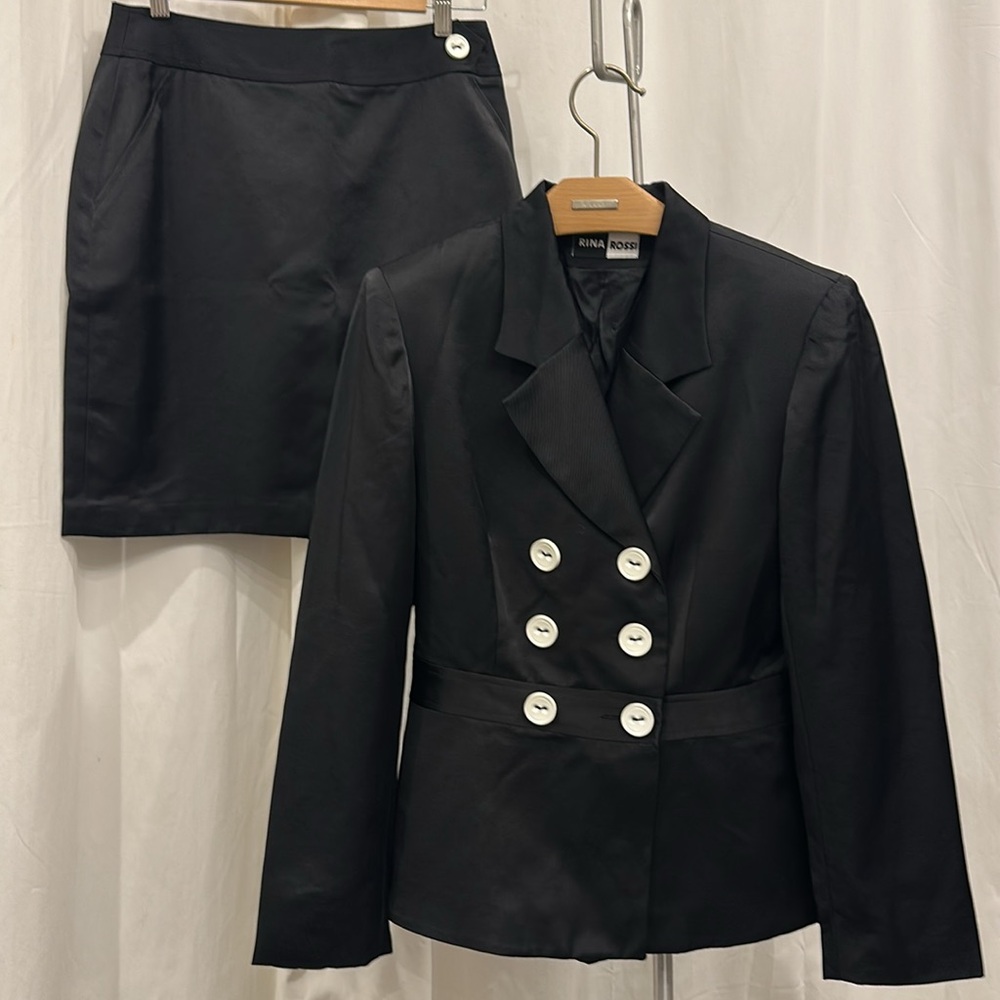 Y2K Rina Rossi Double-Breasted Long Sleeve Suit Jacket & Skirt Set Black Sateen